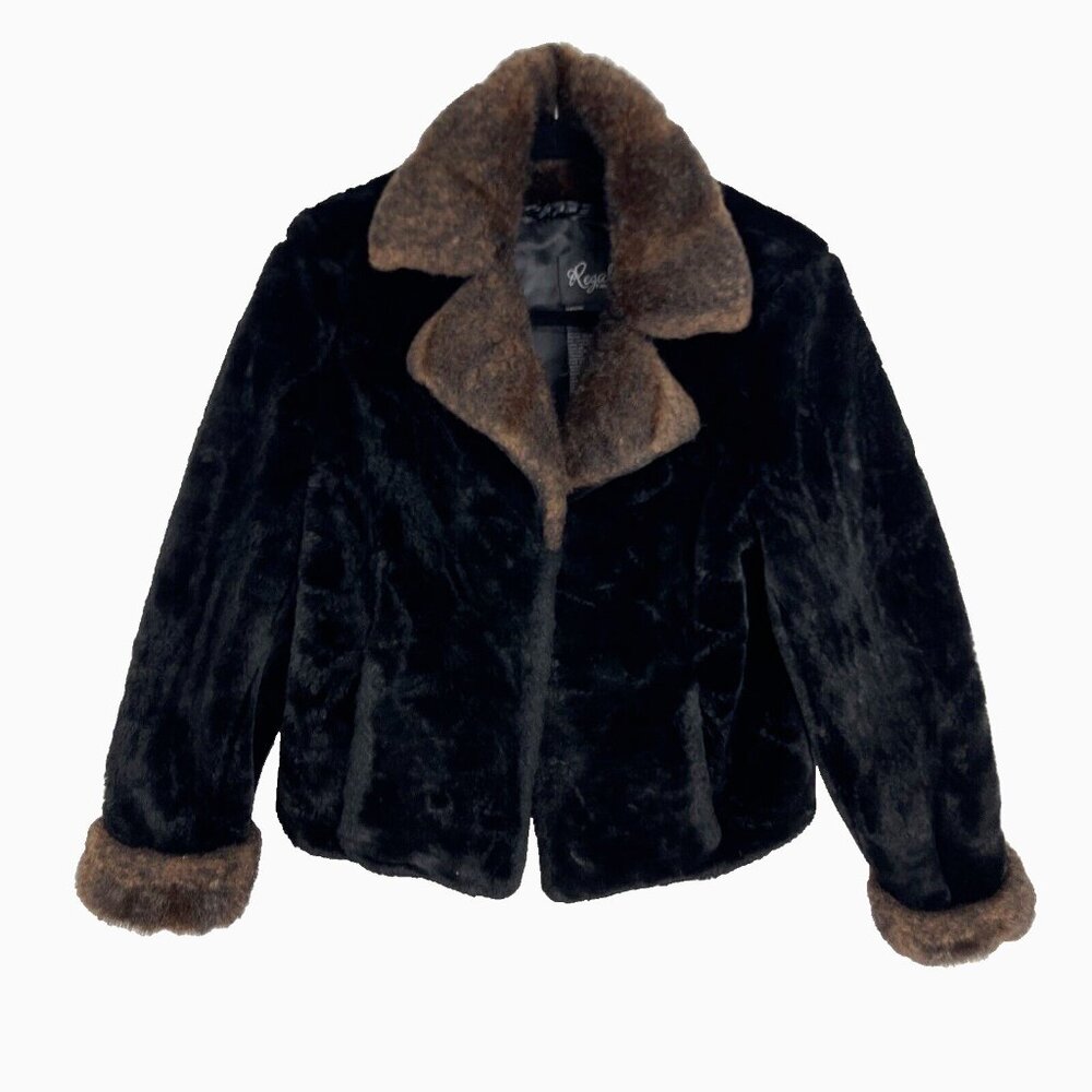 Regal Faux Fur Black and Brown Fuzzy Short Jacket Womens Size XS